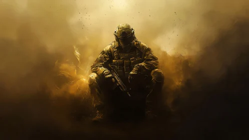 Battle-hardened soldier kneels within burning dust storm