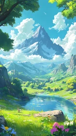 Sunlit valley lake beneath a storybook snowcapped peak.