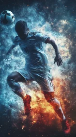 Fiery football hero leaping through swirling ice and flame.