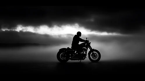 Silhouette motorcycle rider against brooding coastal fog horizon.