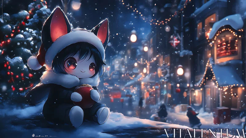 Chibi winter fox avatar in luminous snowfall streetscape.
