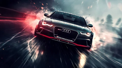 Rain-soaked performance coupe powers through neon speed trails.