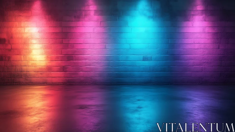 Colorful brick wall with neon studio lighting reflections.