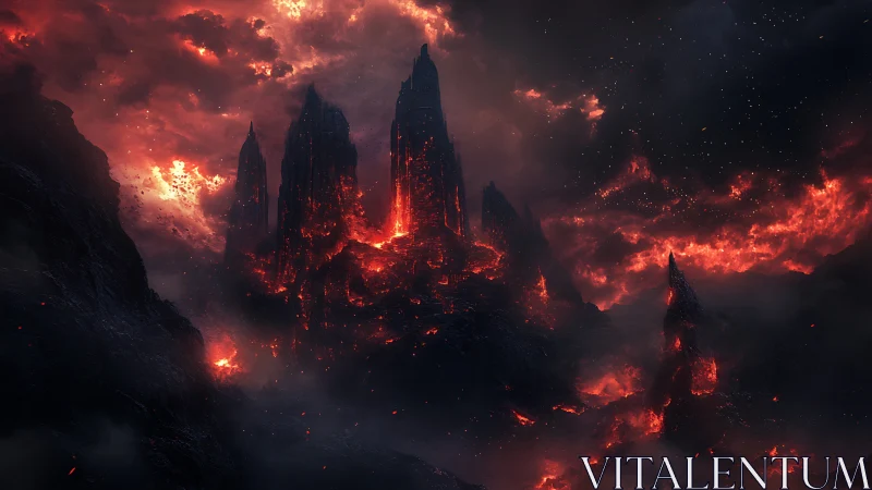 Infernal Citadel Ablaze: Dark Gothic Towers Engulfed in Cosmic Flames.