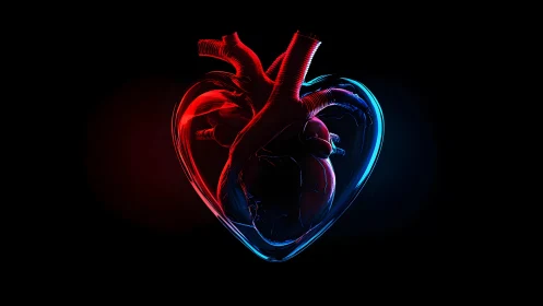 Anatomical Heart with Neon Red and Blue Lighting in Digital Art.