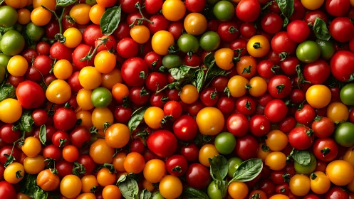 Colorful cherry tomatoes and basil leaves in tight layout.