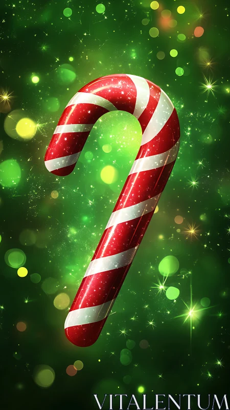 Glowing red candy cane against festive green bokeh field.