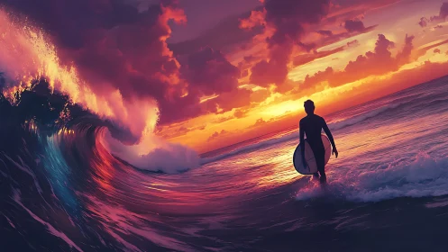 Surfer walking toward large wave under vivid sunset sky.