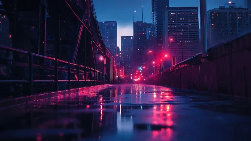 Rain soaked city bridge glows under neon pink streetlights