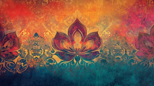 Lotus filigrees float between burning dusk and deep lagoon