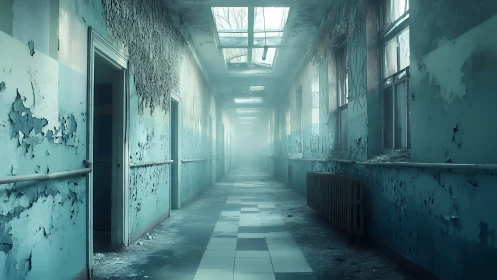 Abandoned hospital corridor with peeling blue walls and skylights.