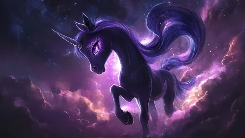 Purple spectral unicorn silhouette in luminous nebula field.