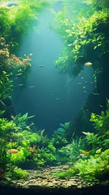Dense freshwater aquascape with plants and small fish.