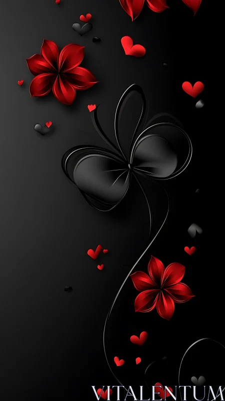 Black and Red Botanical Forms with Scattered Hearts on Dark Background