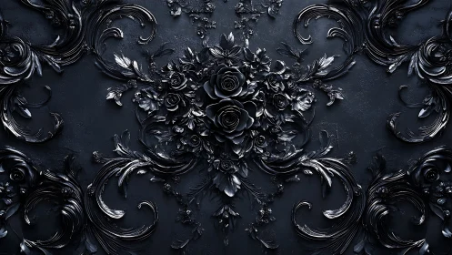 Baroque black floral relief in symmetrical digital composition.