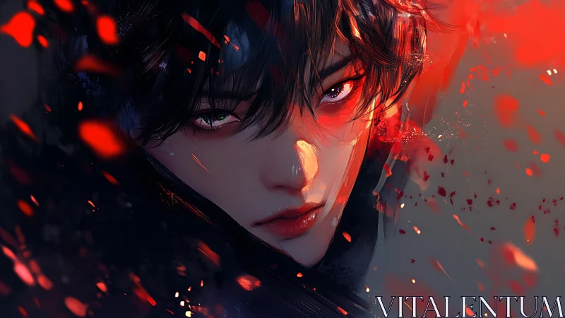 Digital portrait of intense gaze amid red abstract light.