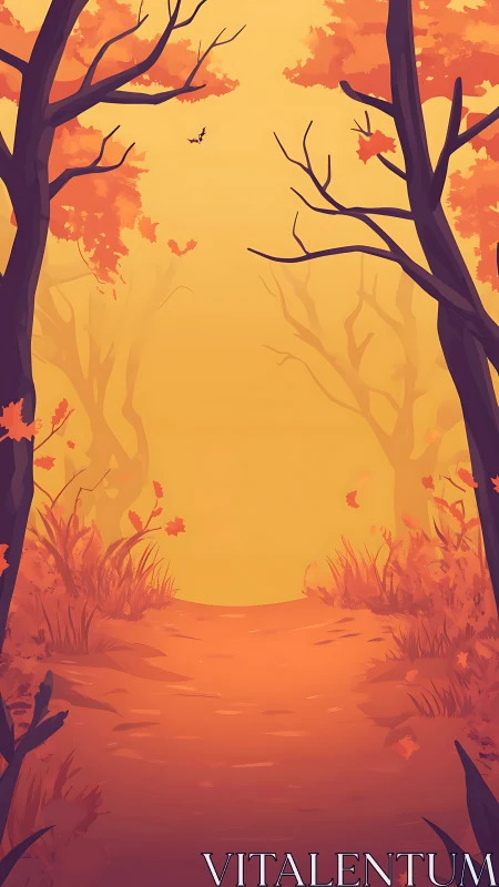 Autumn Forest Path Glowing in Golden Sunset Light.