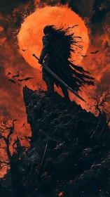 Dark armored warrior under red moon on jagged cliff edge.