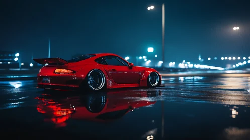 Aerodynamic red widebody coupe on wet neon-lit asphalt surface.