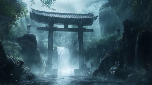 Rain-soaked torii gate framing misty waterfall sanctuary.