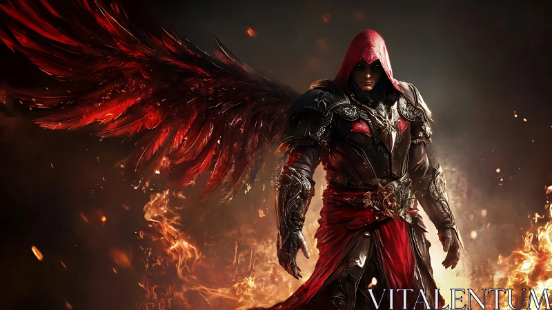 Ember-winged warlock strides from the inferno in silence