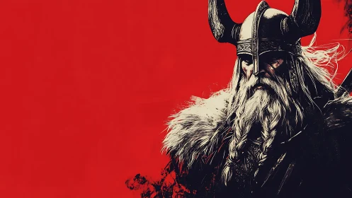 Stoic viking warrior against bold crimson skies.