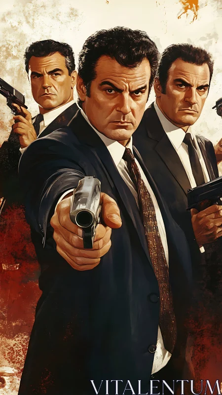 Triangulated mafia gunmen in frontal foreshortened standoff