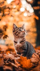 Tabby Cat Looking Upward Amid Autumn Leaves.