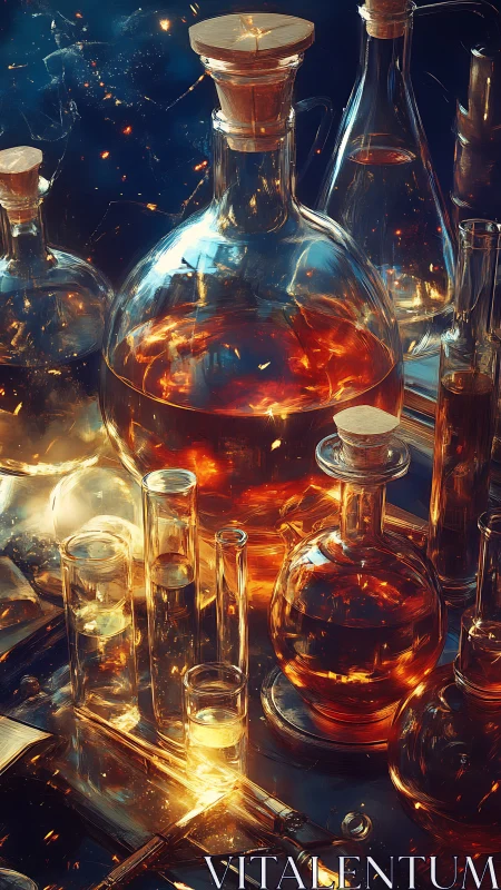 Glowing alchemy bottles shimmer with fiery liquid light