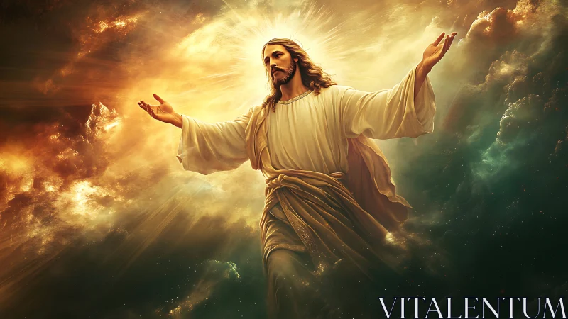 Radiant robed savior ascends through blazing cosmic light.
