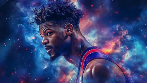 Cosmic court king poised in swirling nebula of game night.