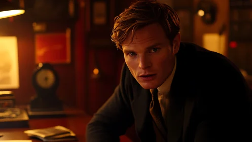 Cinematic low key portrait in warm desk illumination.