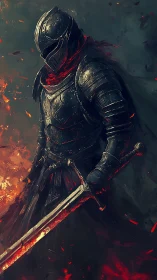 Armored dark knight holds flaming sword amid rising embers