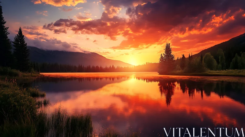 Sunset over forested lake with mountain silhouettes reflected.