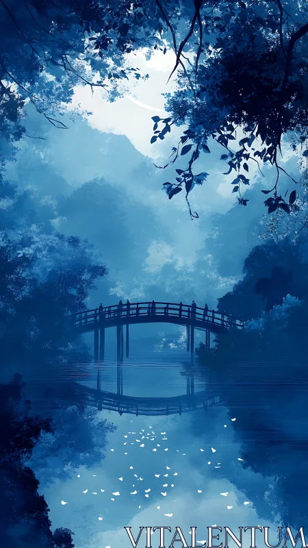 Moonlit wooden bridge arches over misty reflective river
