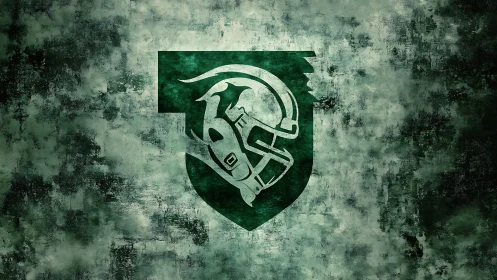 Grunge-textured green football crest with stylized helmet emblem
