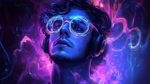 Neon lit portrait of headphone listener in electric chroma glow.