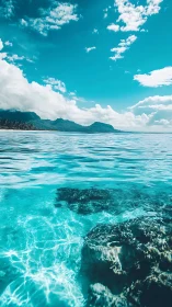 Turquoise coastal seascape with clear shallows and clouds.