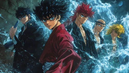 Storm-lit delinquents stride through crackling electric blue night