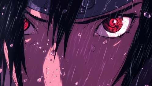 Stormlit crimson gaze of a determined anime warrior.