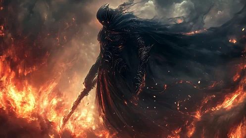 Digital painting of a shadowed fire wraith in infernal tempest.