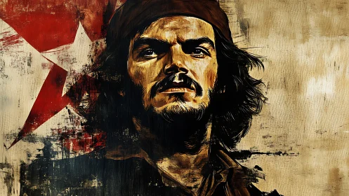 Portrait of long-haired man over distressed red star mural