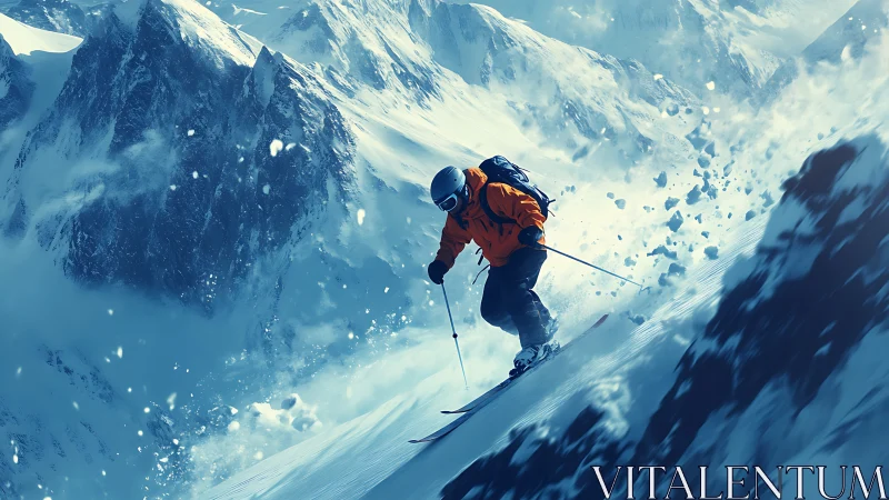 High-speed alpine skier carving steep slope amid dynamic powder