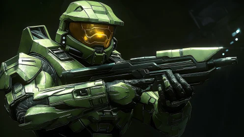 Armored sci fi soldier aims rifle under dramatic lighting.