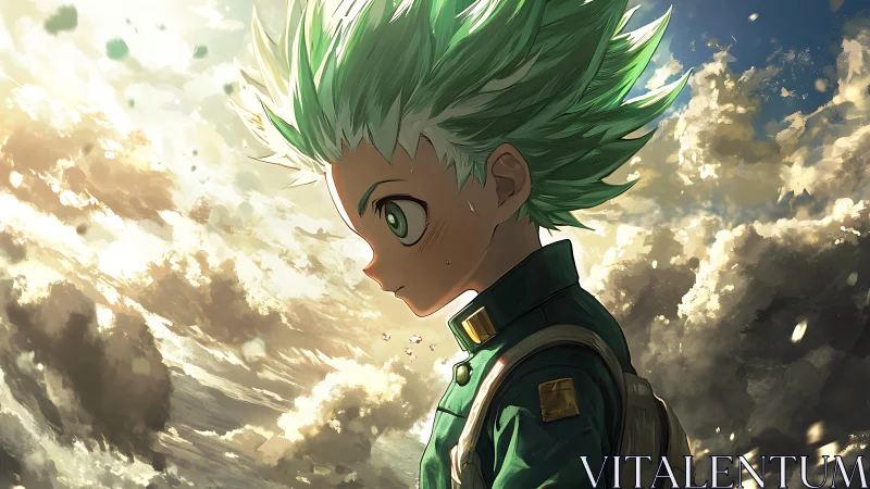 Green-haired anime student under dramatic clouded sky.