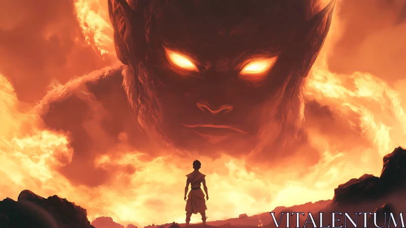 Human figure facing colossal fiery face in burning sky.