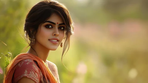 Portrait of a Smiling Woman in Traditional Attire, Soft Natural Light.