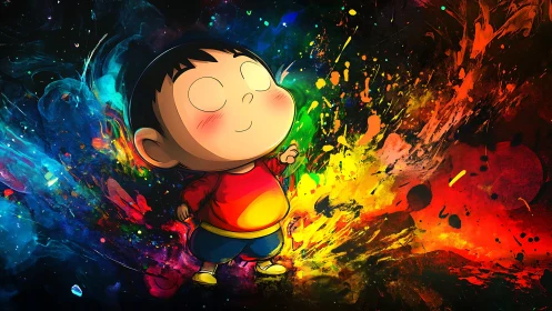 Chromatic vector child amid explosive spectral fluid dynamics.