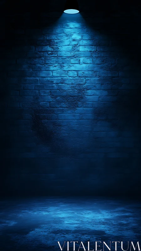 Moody blue spotlight gently brightens a quiet brick wall