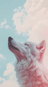 White canine profile is rendered against pastel clouded sky